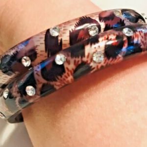 Print Acrylic Bangle Bracelet with Rhinestone Accents